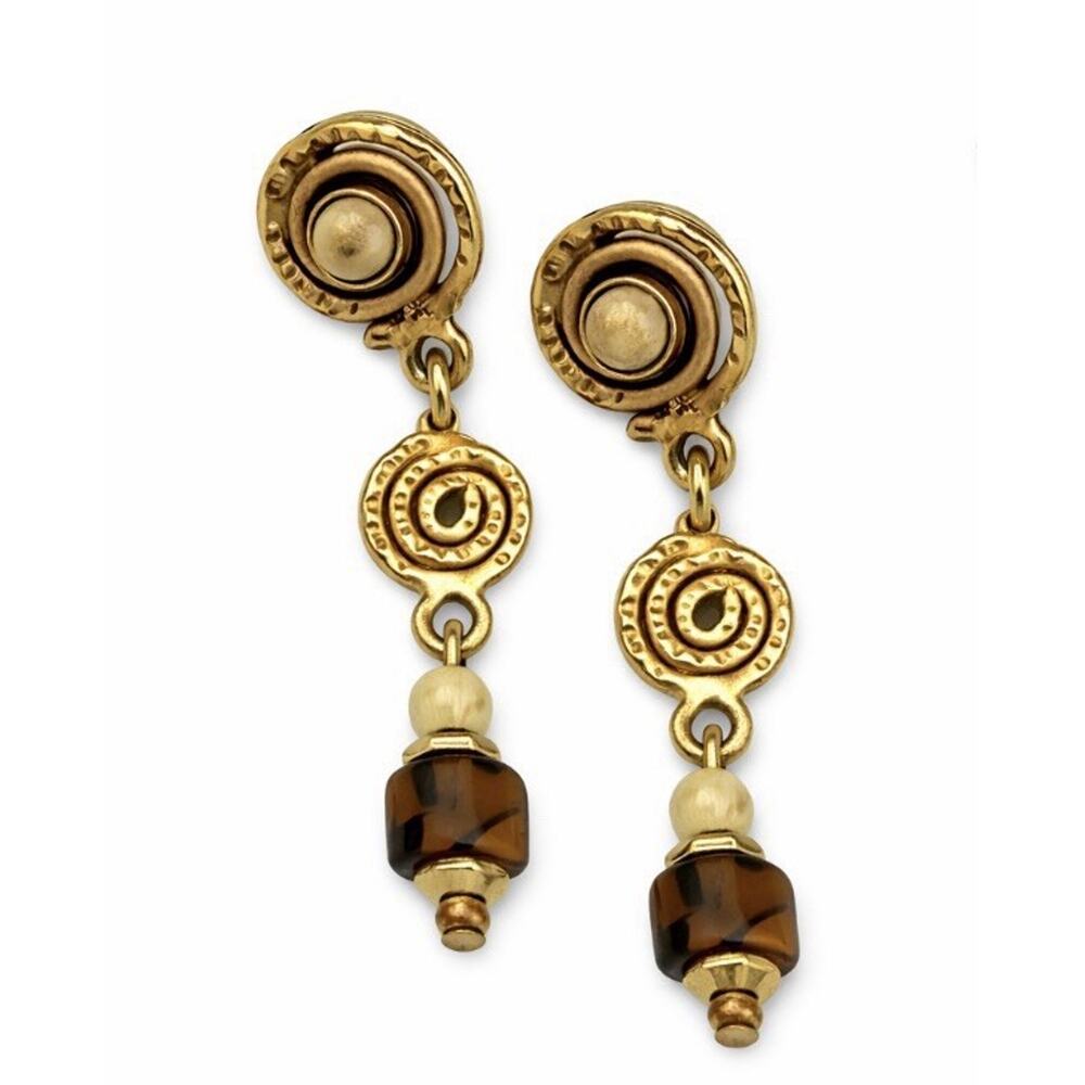 Vintage Tiger Eye Stone Dangle Earrings Gold Tone Spiral Charm Boho 2 Inch Drop
